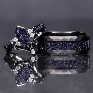 Rift Nebula His Her Wedding Ring Set, Starry Night, Personalized, Black Ring, Hammered, Space Couples Ring, Tungsten, 925 Silver, Sandstone