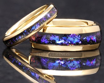 Orion Nebula Ring Set Gold, His and Her Wedding Band, Blue Nebula Matching Wedding Bands, Outer Space Couples Ring, Unique Tungsten Ring Set