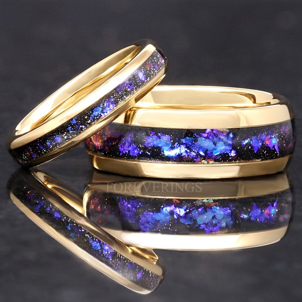 Orion Nebula Ring Set Gold, His and Her Wedding Band, Blue Nebula Matching Wedding Bands, Outer Space Couples Ring, Unique Tungsten Ring Set