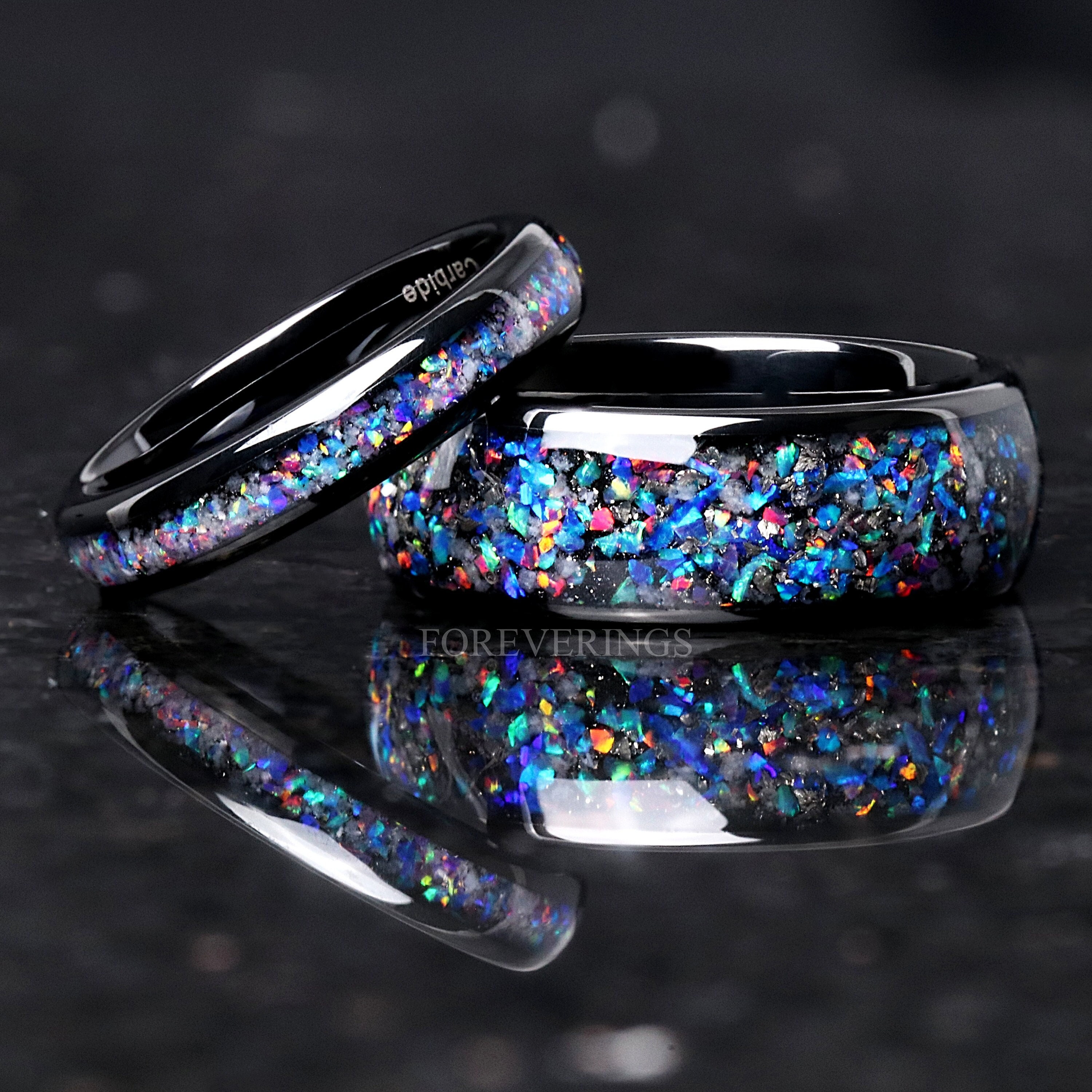 Glow Meteorite and Galaxy Opal Ring Set His and Hers Tungsten
