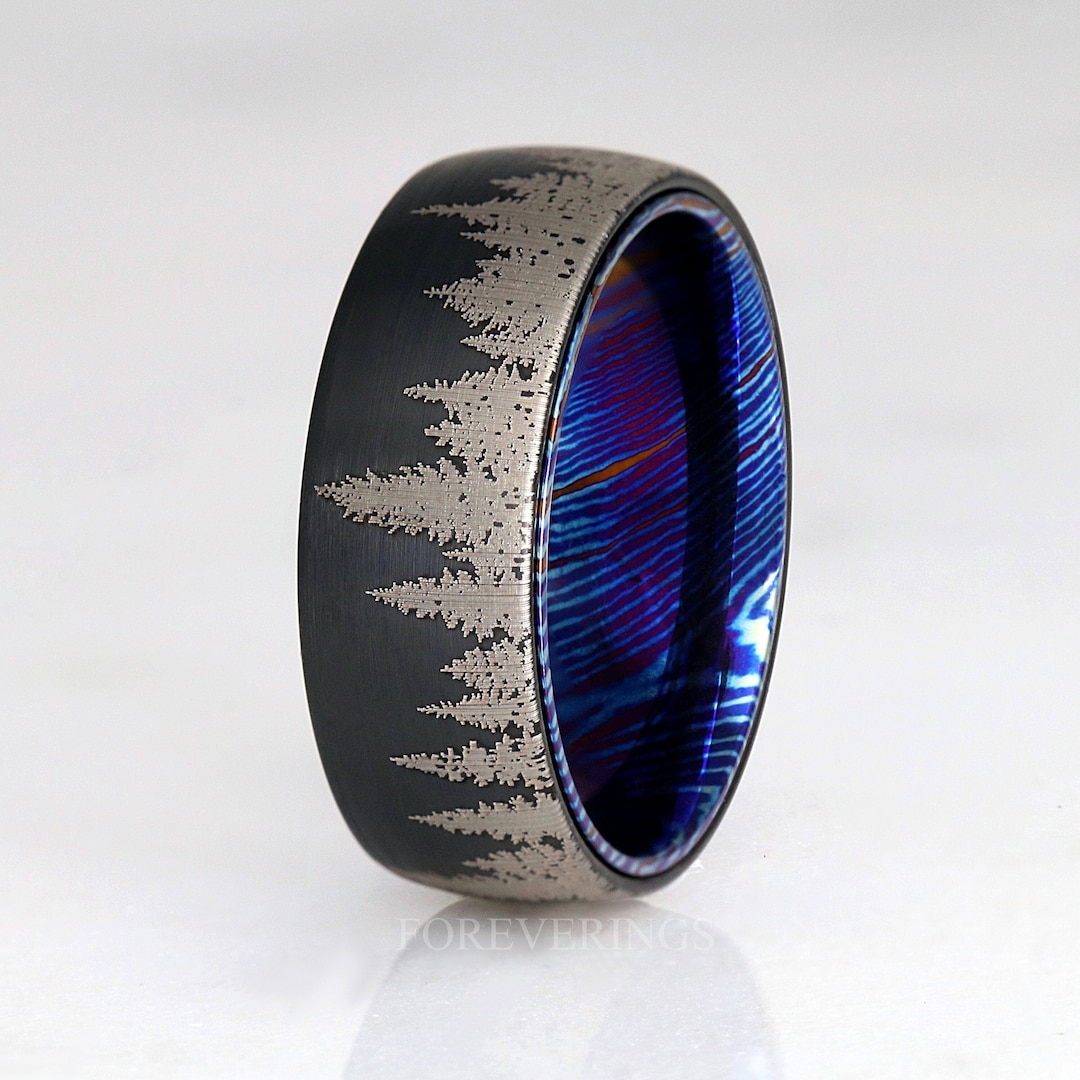 Timascus Black Forest Tree Ring, Black Tungsten, Man Wedding Band ...