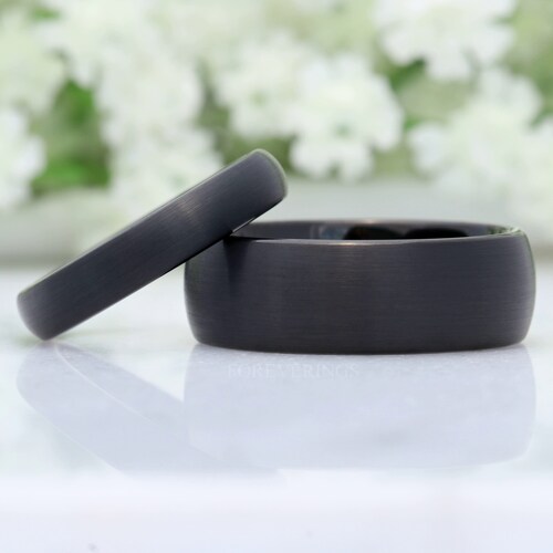 His and shops Hers Tungsten Wedding Band Set, 8mm & 4mm Black Rings, Comfort Fit, Matte Brushed, Couples Ring Set, Simple, Dome, Anniversary Gift