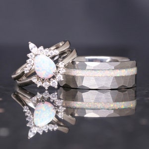 His and Hers White Fire Opal Ring Set, Matching Opal Ring, Silver Ring Set, Hammered Tungsten, Couples Ring, Unique Opal Engagement Ring Set