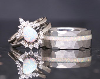 His and Hers White Fire Opal Ring Set, Matching Opal Ring, Silver Ring Set, Hammered Tungsten, Couples Ring, Unique Opal Engagement Ring Set