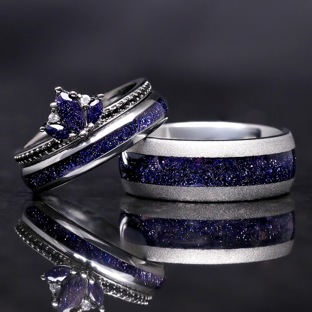 Space Ring Set Lotus Starry Night Ring Set, His and Her Wedding Band Set, Tungsten ...
