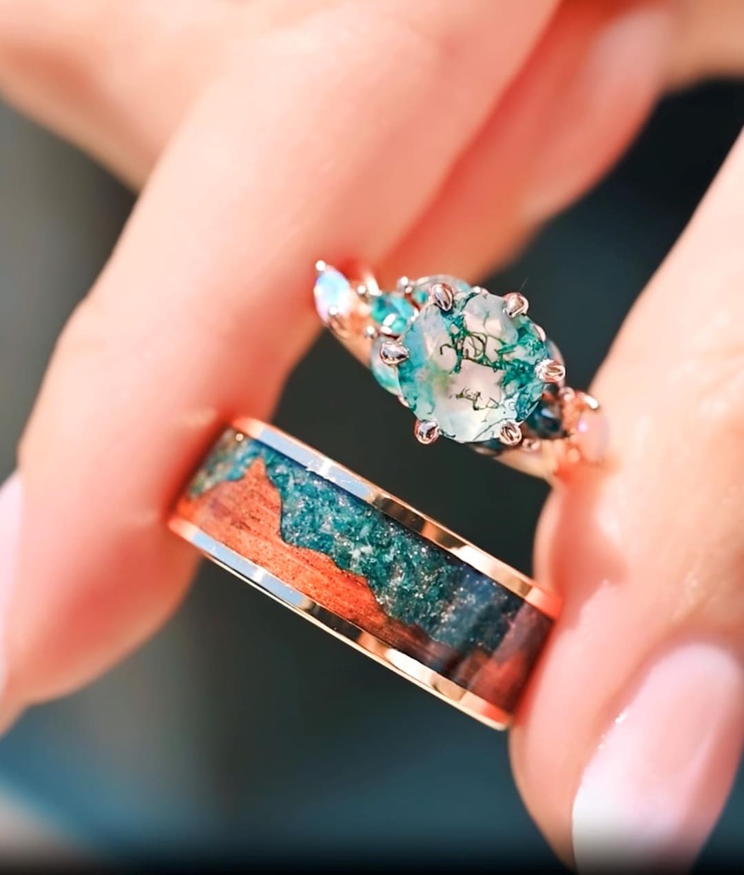 Nesta Moss Agate Couples Ring Set, His and Hers Rose Gold Wedding