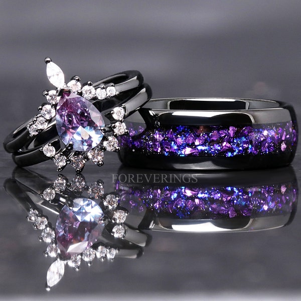 Conjunto de anillos de alejandrita, Nebulosa del Cangrejo, Espacio Exterior, Alianza de boda de tungsteno para él y para ella, Plata de ley 925 y tungsteno, Anillo chapado en oro negro