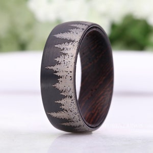 8mm Men Tungsten Wedding Band, Wenge Wood Ring, Dark Wood, Forest Trees Band, Black, Matte Brushed, Nature Landscape Ring, Comfort Fit, Dome