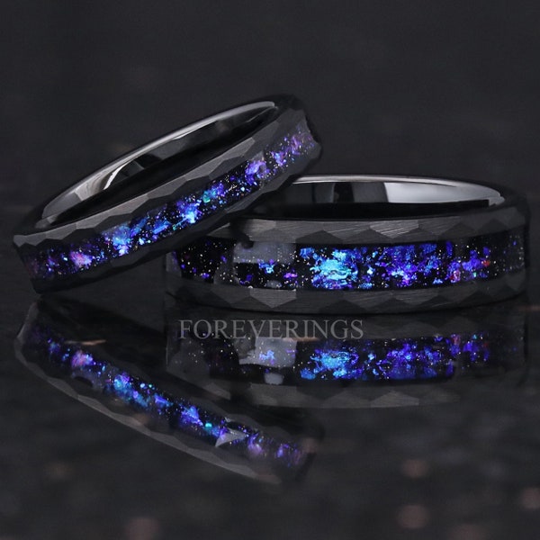 Orion Nebula Ring Set Hammered, His and Hers Wedding Band, 6mm & 4mm Black Tungsten Ring Set, Outer Space Couples Ring, Matching Rings