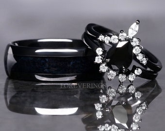 Black Onyx Ring Set, His and Hers Wedding Band, Couples Rings, His Black Tungsten and Her Black Rhodium 925 Silver Ring Set, Pear Cut