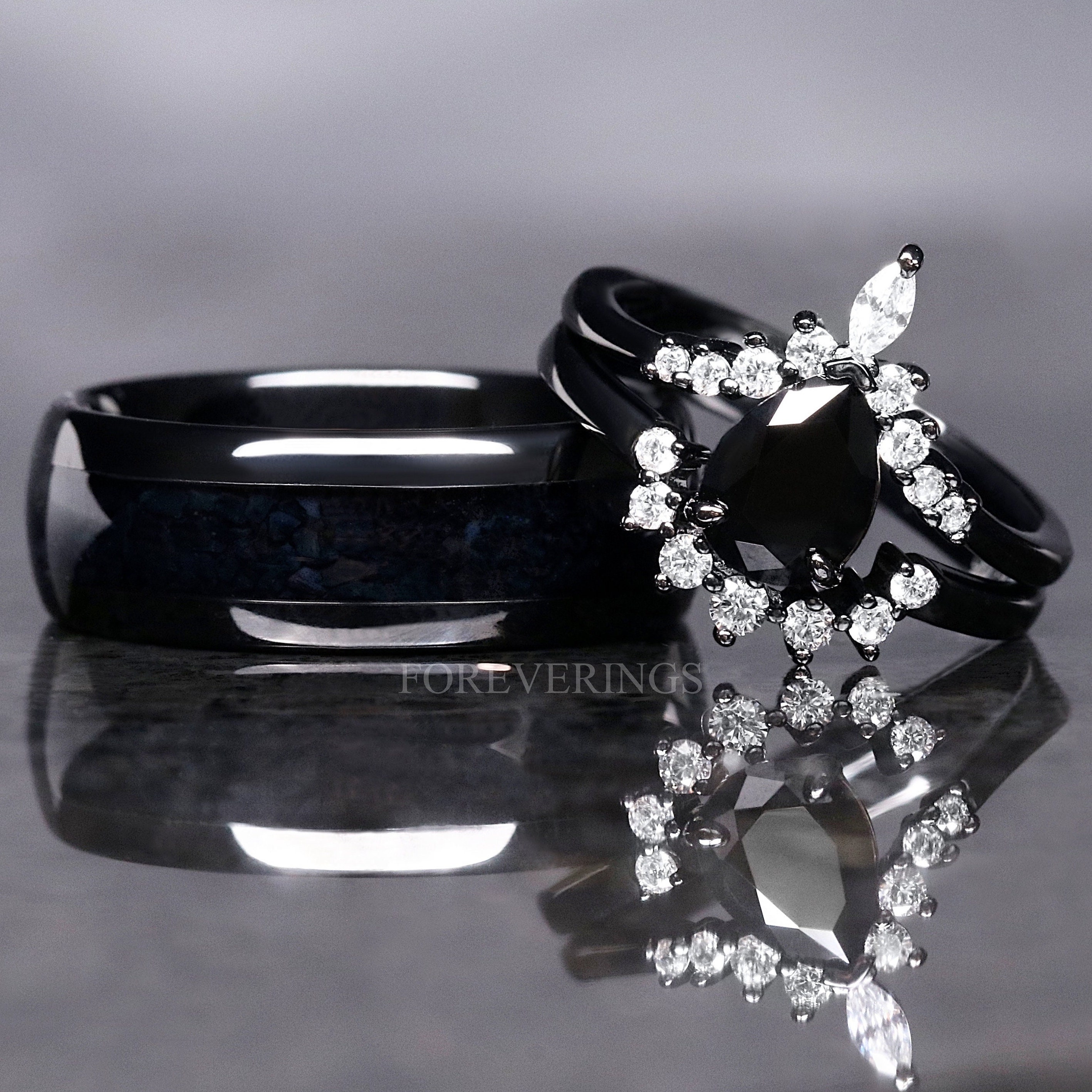 Black Onyx Ring Set, His and Hers Wedding Band, Couples Rings, His