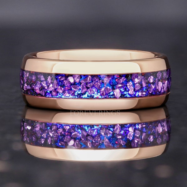 Crab Nebula Ring, Alexandrite Tungsten Wedding Band, Outer Space Ring, Rose Gold Plating, Dome, Polish, Comfort Fit, Birthday Anniversary