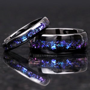 Orion Nebula Ring Set, His and Her Tungsten Wedding Band, 8mm & 4mm Black Ring, Outer Space Couples Ring, Polish, Dome, Comfort Fit