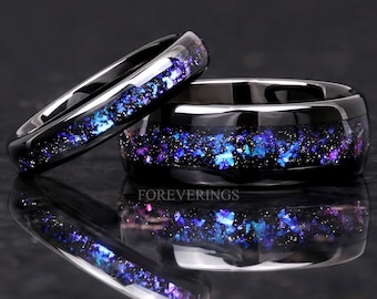 Orion Nebula Ring Set, His and Her Tungsten Wedding Band, 8mm & 4mm Black Ring, Outer Space Couples Ring, Polish, Dome, Comfort Fit