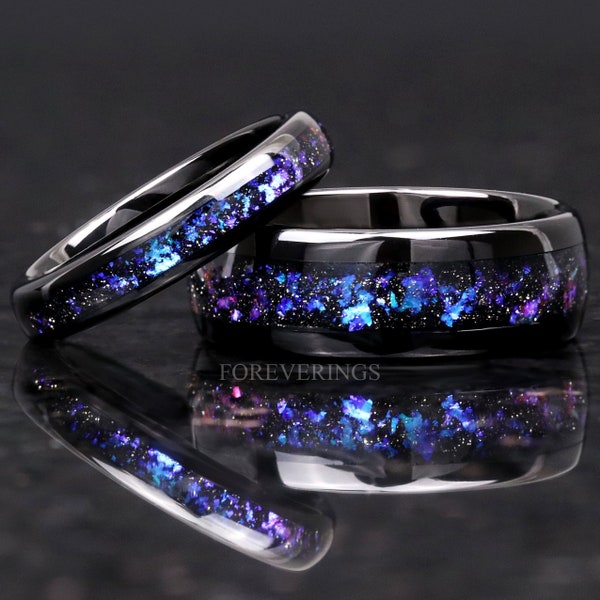 Orion Nebula Ring Set, His and Her Tungsten Wedding Band, 8mm & 4mm Black Ring, Outer Space Couples Ring, Polish, Dome, Comfort Fit