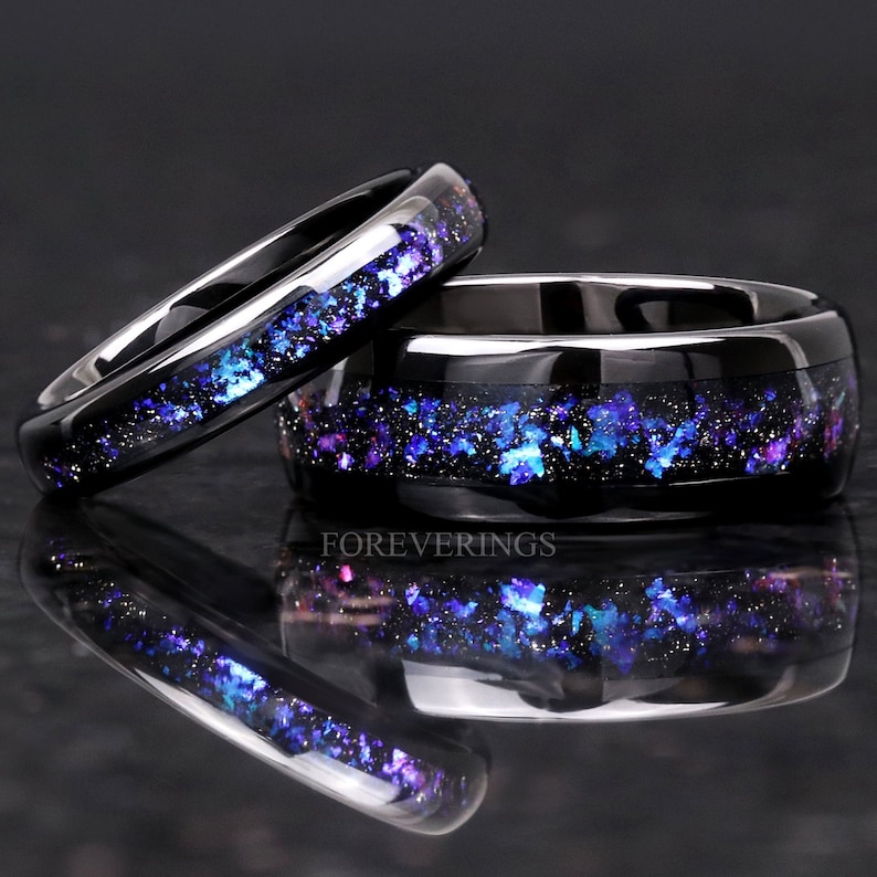 Orion Nebula Ring Set, His and Her Tungsten Wedding Band, 8mm & 4mm Black Ring, Outer Space Couples Ring, Polish, Dome, Comfort Fit image 1