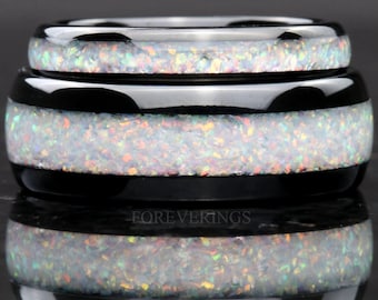 His and Hers Tungsten Wedding Band, Crushed White Fire Opal Ring, 8mm & 4mm Black Tungsten Ring Set, Couples Ring, Polish, Dome, Comfort Fit