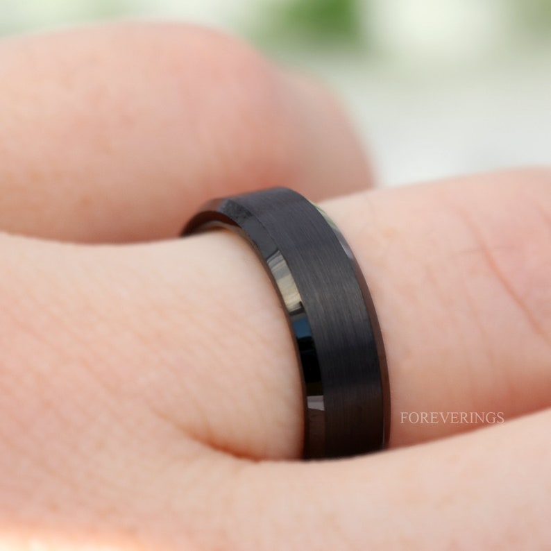 His and Hers Tungsten Wedding Band Set, 4mm, 6mm, Black Ring, Mens Womens Ring, Comfort Fit, Matte, Couples Ring, Beveled image 2