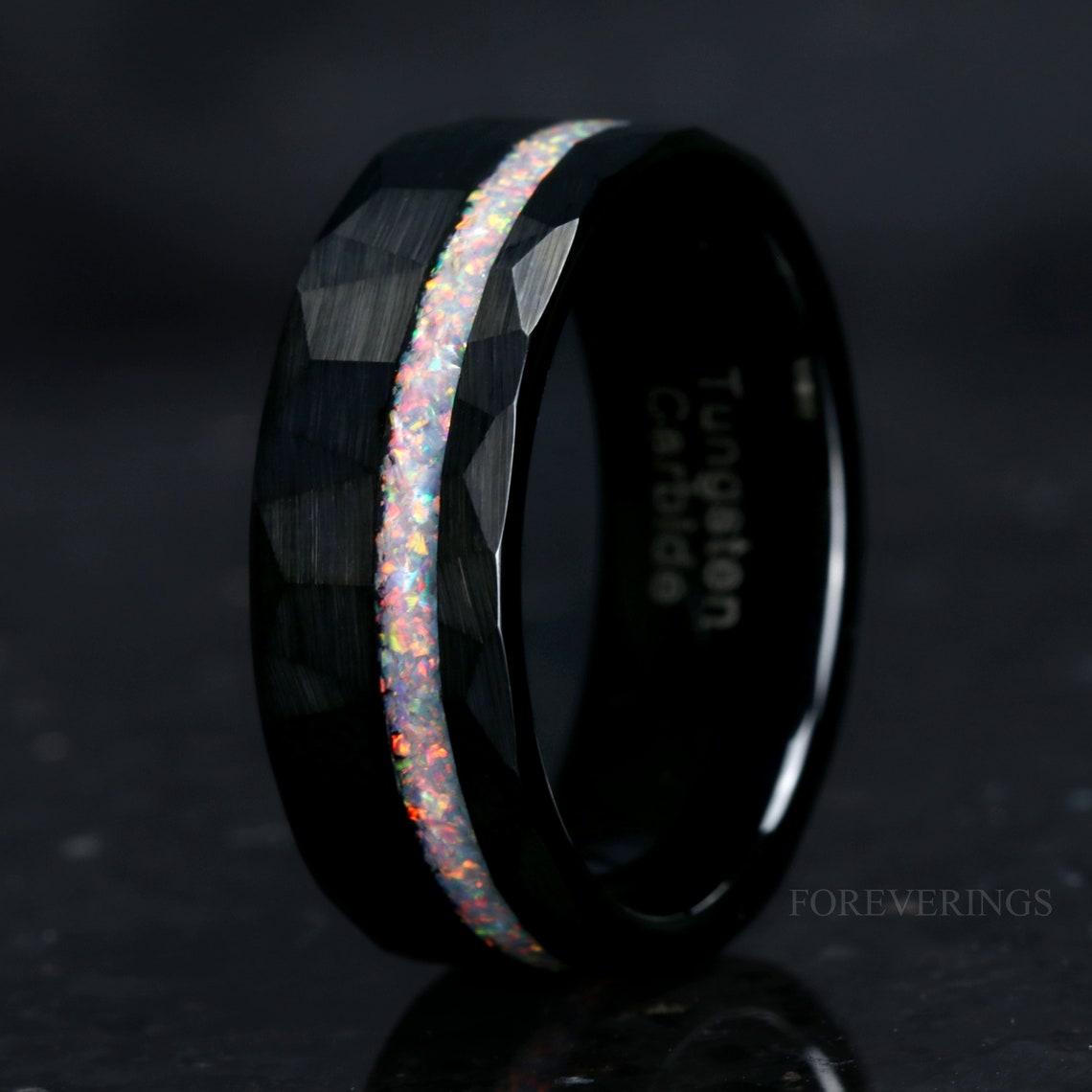 Men Tungsten Wedding Band White Opal Ring Crushed White Fire Etsy