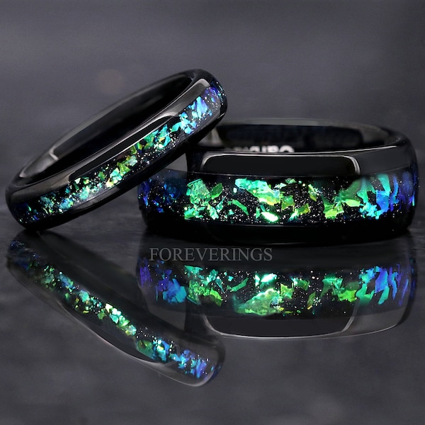 Rosette Nebula Ring Set, His and Her Tungsten Wedding Band, 8mm & 4mm Black Ring, Green Outer Space Couples Ring, Polish, Dome, Comfort Fit