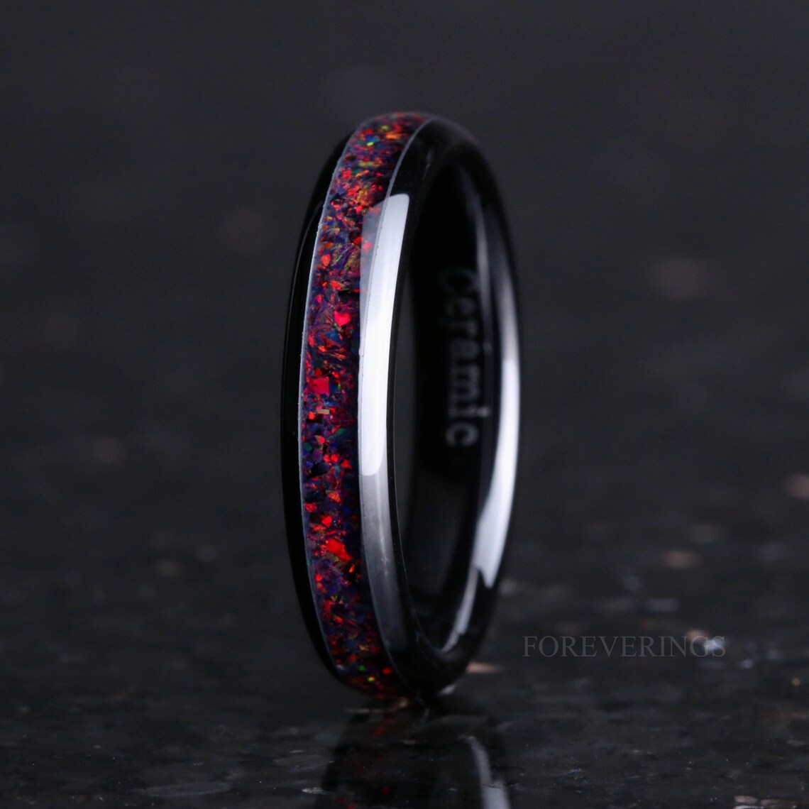 His and Hers Ceramic Wedding Band Black Fire Opal Ring 8mm & - Etsy