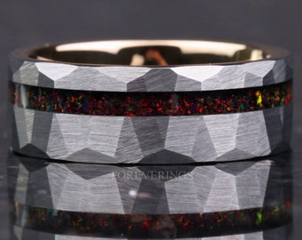8mm Black Fire Opal Ring, Rose Gold Tungsten Ring, Men Wedding Band, Crushed Black Opal, Brush, Flat, Hammer, Comfort Fit, Unique Ring