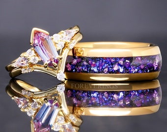 His and Her Gold Alexandrite Ring Set, Couple Crab Nebula Ring, Space Gold Wedding Band, 925 Sterling Silver and Rose Gold Tungsten Ring Set