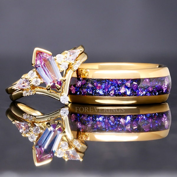 His and Her Gold Alexandrite Ring Set, Couple Crab Nebula Ring, Space Gold Wedding Band, 925 Sterling Silver and Rose Gold Tungsten Ring Set