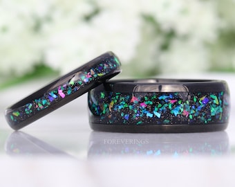 His and Hers Tungsten Wedding Band Set, Galaxy Opal Ring Set, 8mm & 4mm Black Tungsten Bands, Comfort Fit, Polished, Couples Rings, Dome