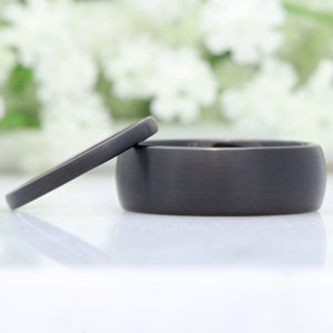 His and Hers Tungsten Wedding Band Set, 8mm & 2mm Black Rings, Comfort Fit, Matte Brushed, Couples Ring Set, Simple, Dome, Anniversary Gift