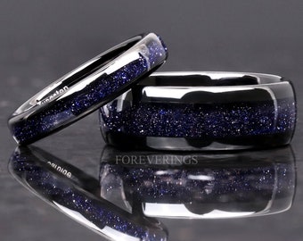 Great Rift Nebula Ring Set, His and Hers Tungsten Wedding Band, 8mm & 4mm Black Ring, Outer Space Couples Ring, Polish, Dome, Blue Sandstone
