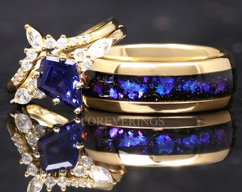 Orion Nebula Ring Set Gold, His and Her Wedding Band, Sapphire Kite Engagement Ring Set, Matching Blue Nebula Ring, Outer Space Couples Ring