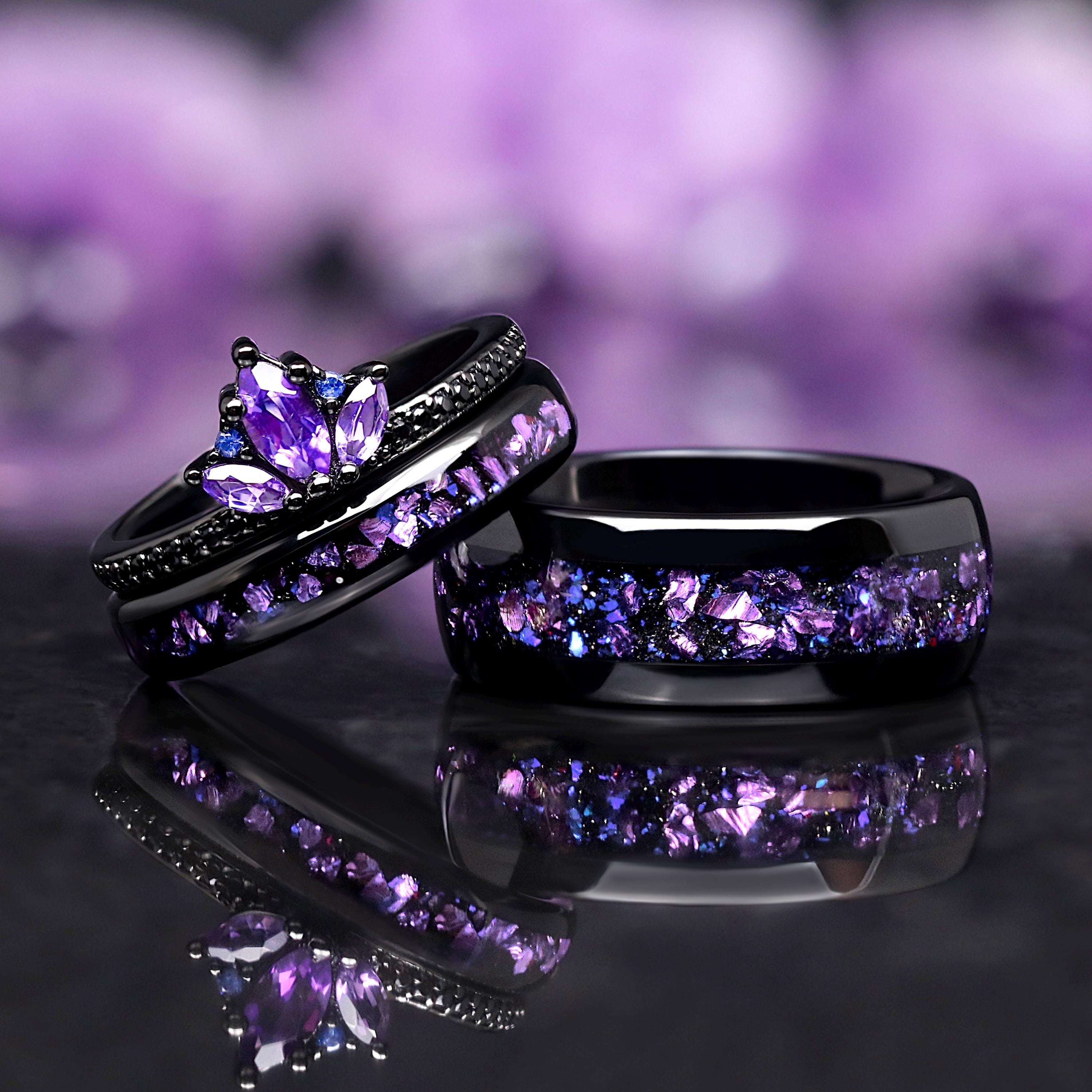 アスティエ　クリスマスオーナメント　ENGAGEMENT RING BLACK Natural Amethyst Lotus Engagement Ring Set, Unique Fantasy Wedding