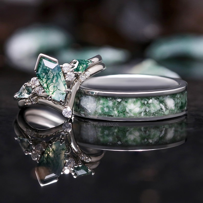 Green Moss Agate Coffin Kite Ring Set, His and Her Wedding Band, Crush ...