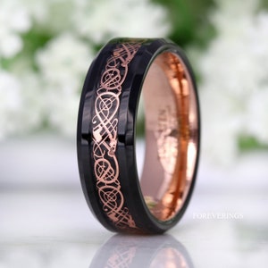 8mm-6mm Viking Tungsten Ring, Mens Wedding Band, Celtic Tungsten Ring, Black Tungsten Band, Dragon Inlay, Rose Gold and Black Band