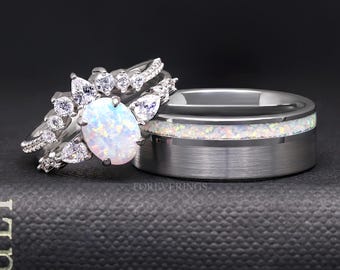 His and Hers White Fire Opal Ring Set, Matching Opal Ring, Silver Ring Set, Brushed Tungsten, Couples Ring, Unique Opal Engagement Ring Set