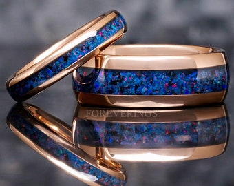 His and Hers Opal Tungsten Wedding Band, Crushed Blue Indigo Fire