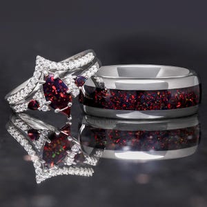 His and Hers Black Fire Opal Ring Set, Couples Wedding Ring, Matching Promise Ring, Black and Red, Silver Tungsten Ring, 925 Silver, Lumiere