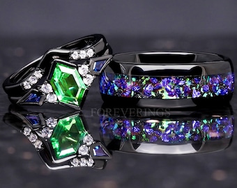 His and Her Ghost Nebula Ring Set, Couples Ring, Galaxy Ring Set, Blue Sapphire, Green Tsavorite, Matching Black Wedding Band, Engraving