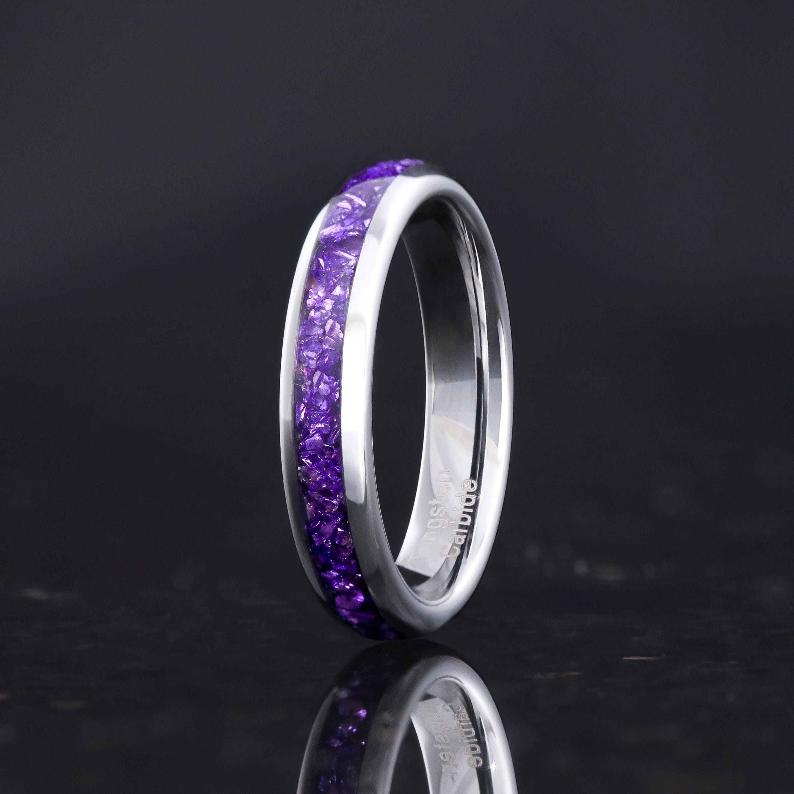 Amethyst Wedding Band, Purple Ring, Silver Tungsten Ring, Women Men Ring, Dome, Polish, Comfort Fit, Simple and Unique Promise Ring