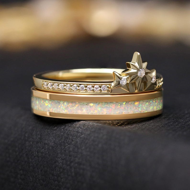 Starburst Gold Opal Band & Stacking Star Ring Set, Unique Wedding Band ...