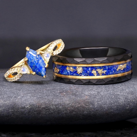 Lapis Engagement Ring Set, Couples Gold Wedding Ring, His and Hers