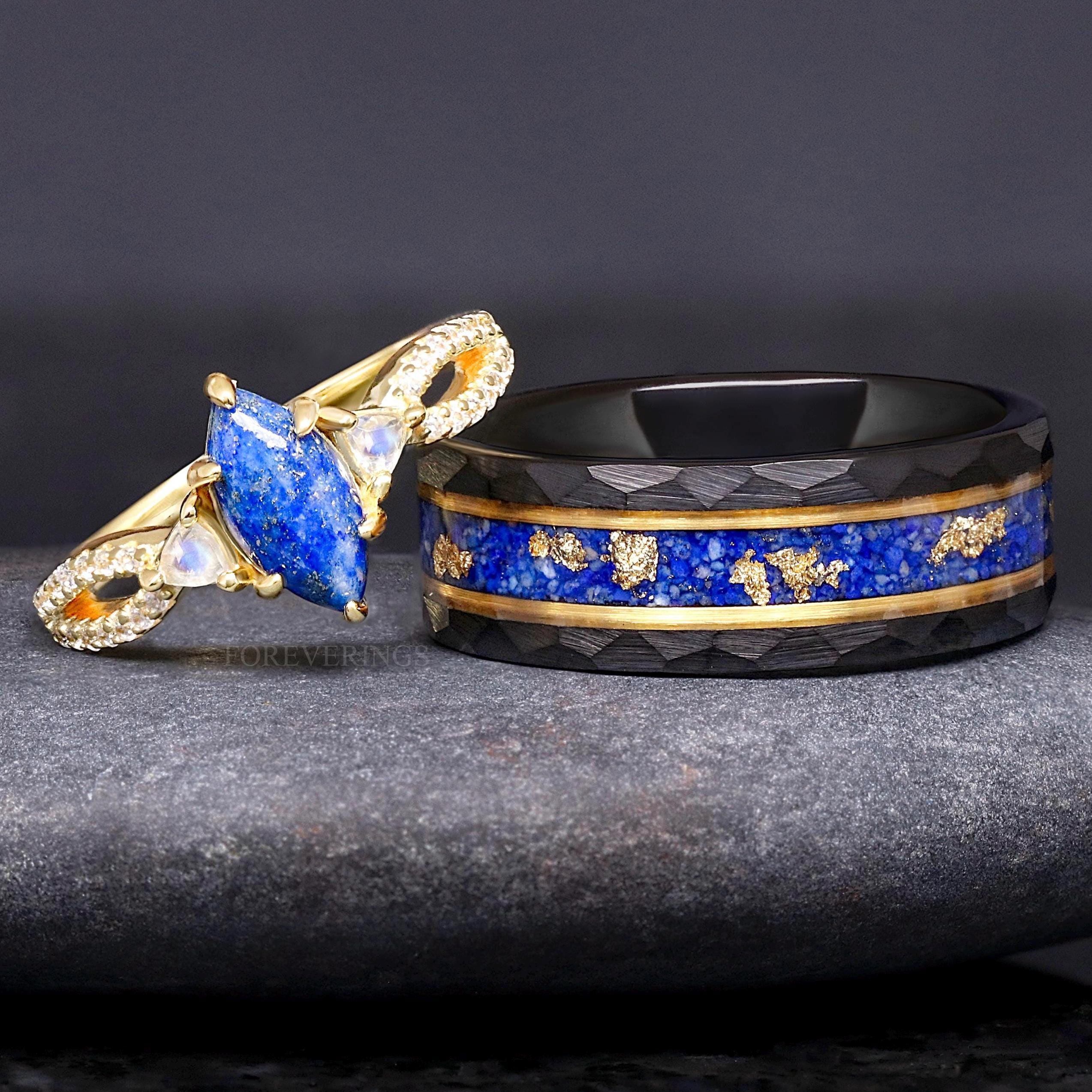 Lapis Engagement Ring Set, Couples Gold Wedding Ring, His and Hers Ring Set, Gold Leaf, Moonstone, Matching Promise Ring, Blue Lapis Lazuli