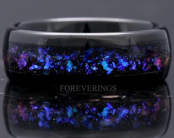 Orion Nebula Ring, Tungsten Outer Space Ring, 8mm-6mm-4mm Man Woman Wedding Ring, Comfort Fit, Black, Dome, Polish Smooth, Anniversary Gift