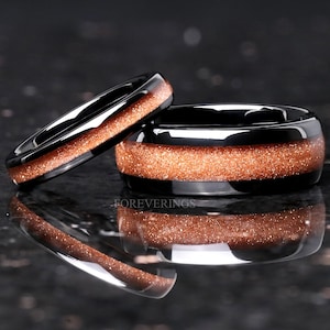 Carina Nebula Ring Set, His and Hers Tungsten Wedding Band, 8mm & 4mm Black Ring, Outer Space Couples Ring, Polish, Dome, Comfort Fit