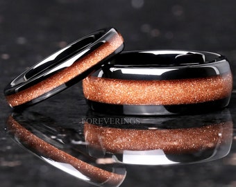 Carina Nebula Ring Set, His and Hers Tungsten Wedding Band, 8mm & 4mm Black Ring, Outer Space Couples Ring, Polish, Dome, Comfort Fit