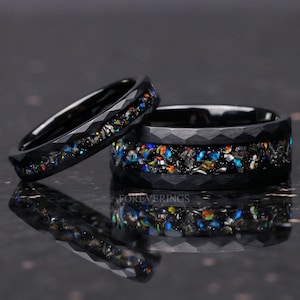 Meteorite and Galaxy Opal Ring Set, His and Hers Tungsten Wedding Band, 8mm & 4mm Black Ring Set, Hammer, Couples Ring, Brush, Comfort Fit