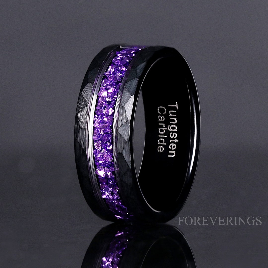 Alexandrite Black Hammered Ring for Men, Purple Color Changing Band ...