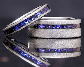 Orion Nebula Coules Ring Set, His and Her Tungsten Ring, 8mm & 4mm Sandblast Ring, Space Ring, Silver Galaxy Ring Set, Personalized Gift