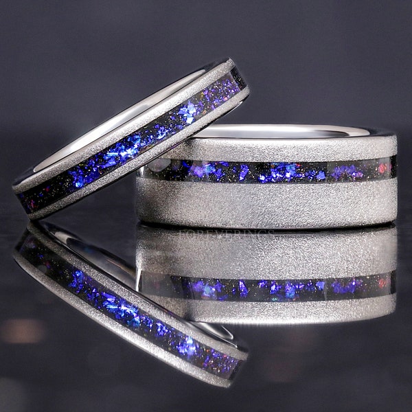 Orion Nebula Ring Set, Couples Tungsten Ring, 8mm & 4mm Silver Sandblast Ring, Space Ring, Durable Ring, Silver Galaxy Ring Set, Engraving